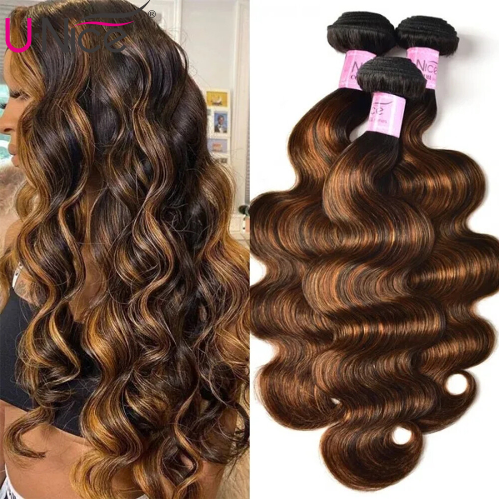 UNice Cambodian Ombre Brown Body Wave Hair Weaves 3 Bundles Human Hair Extension