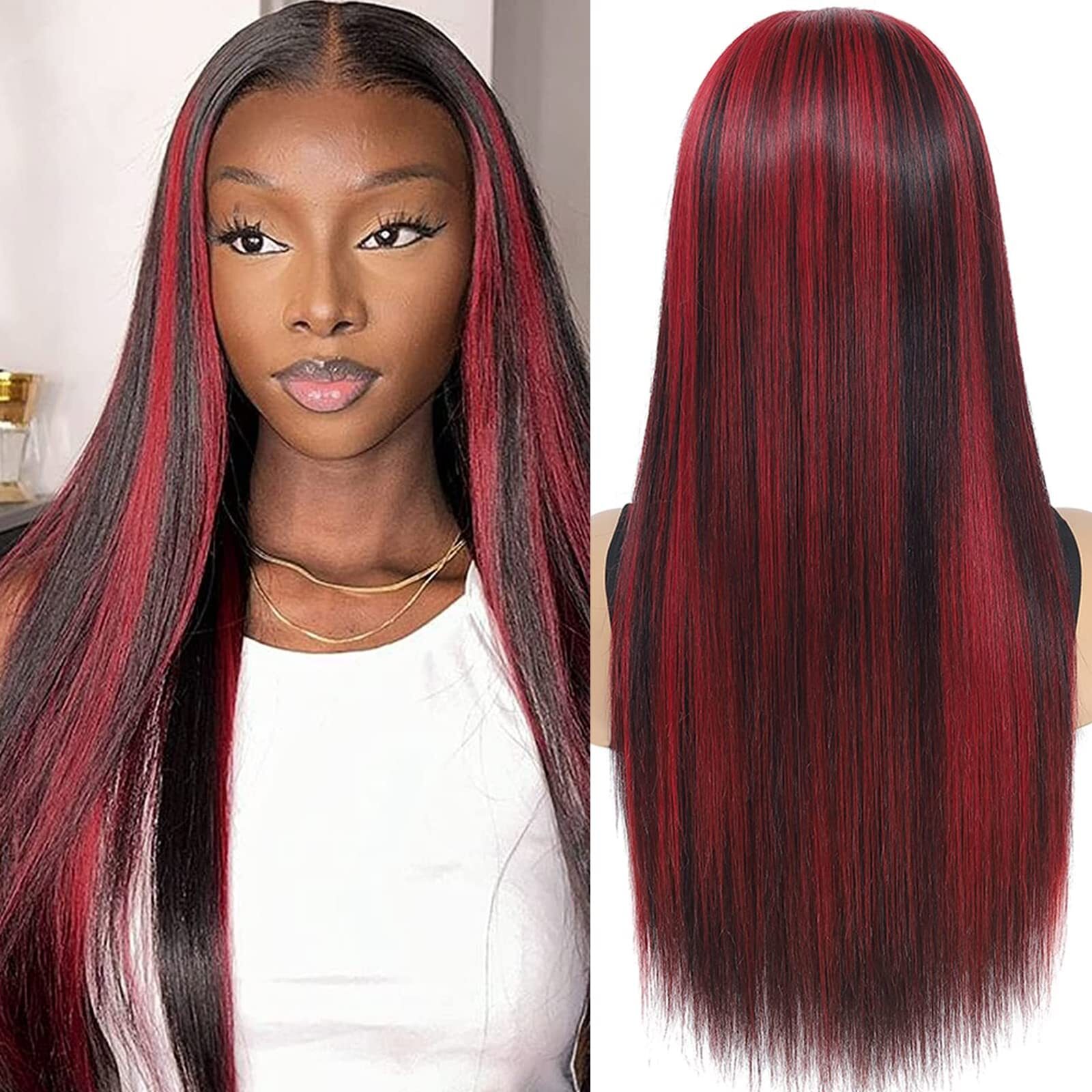 Black Wigs With Red Highlights Streak 100% Human Hair Lace Front Wigs 13×4
