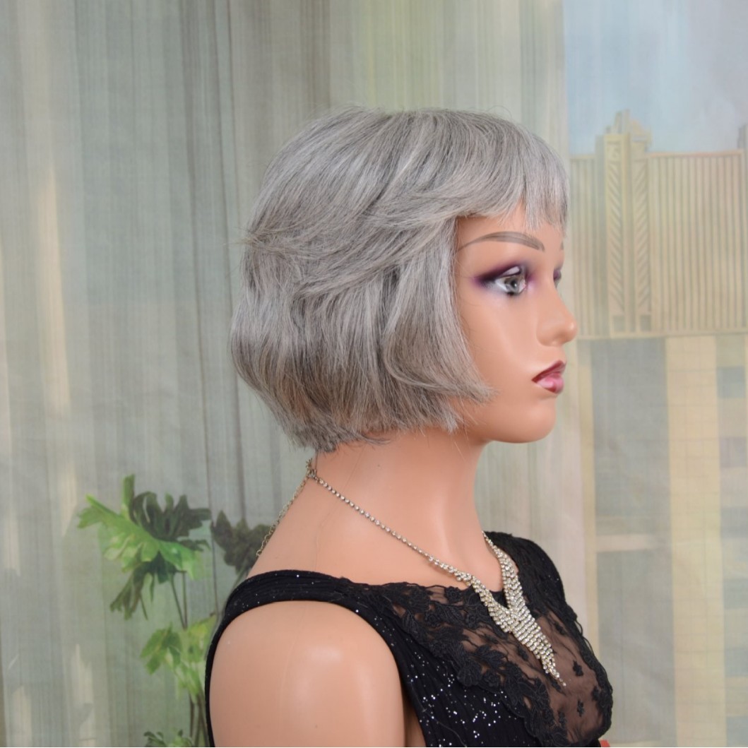 Women’s Short Gray Bob Wig, 100% Human Hair Ful Short Full Head Wig