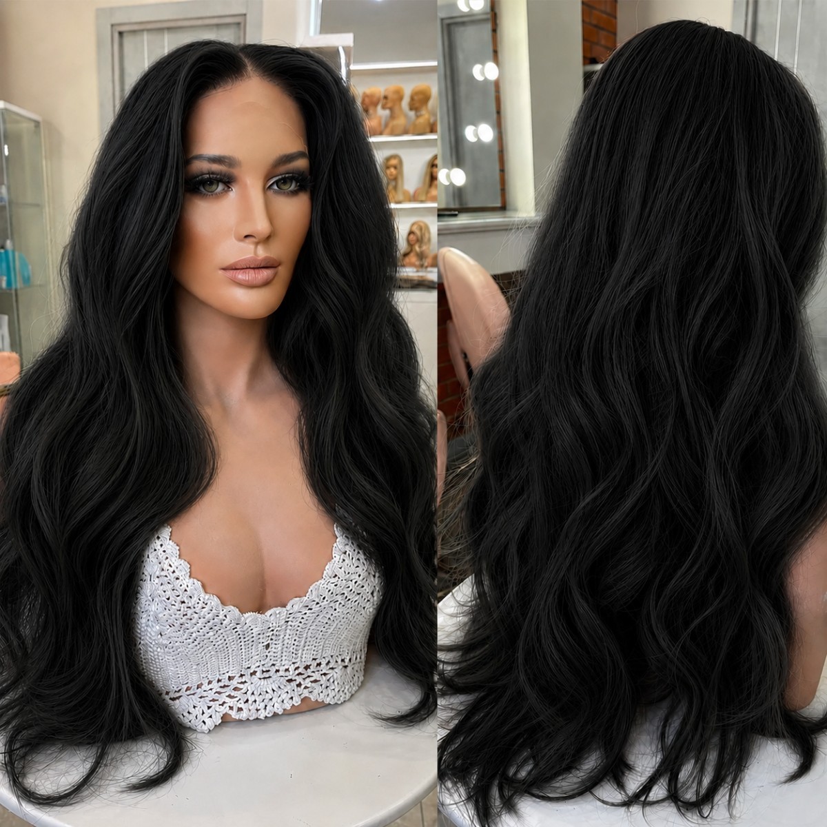 Off black Long Wavy Women Synthetic Hair Heat Resistant Lace Front Wig