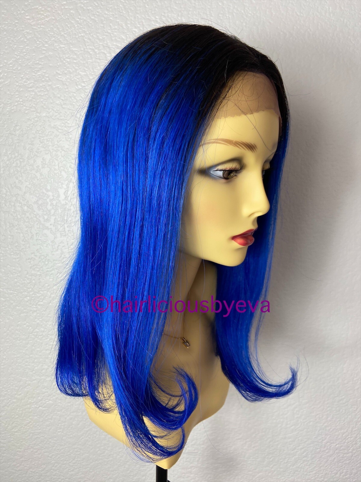 100 Percent Human Hair Wig Blue Ombré Black Lace Front Middle Part 16 Inch Long