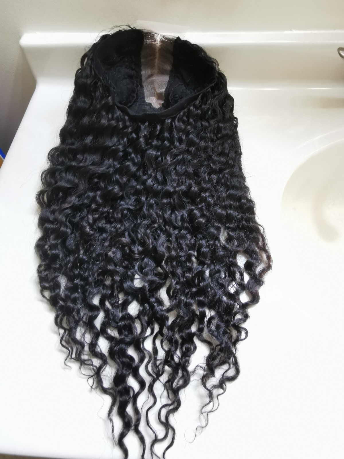 Quality Natural Black Curly Human Hair Glueless Deep Closure Wig 22″ Handmade