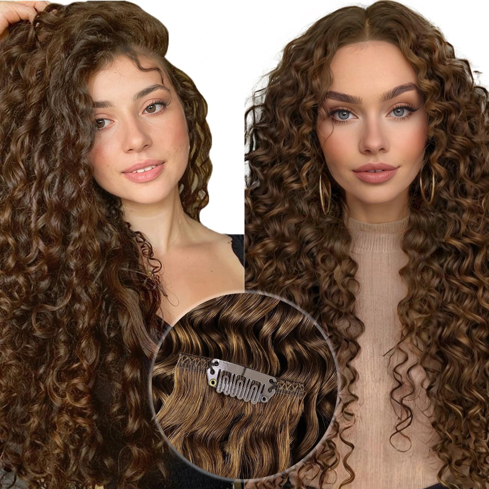 Hetto Curly Clip In Hair Extensions – Medium Brown 120G 7Pcs 22 Inch Nw – 3B-3C