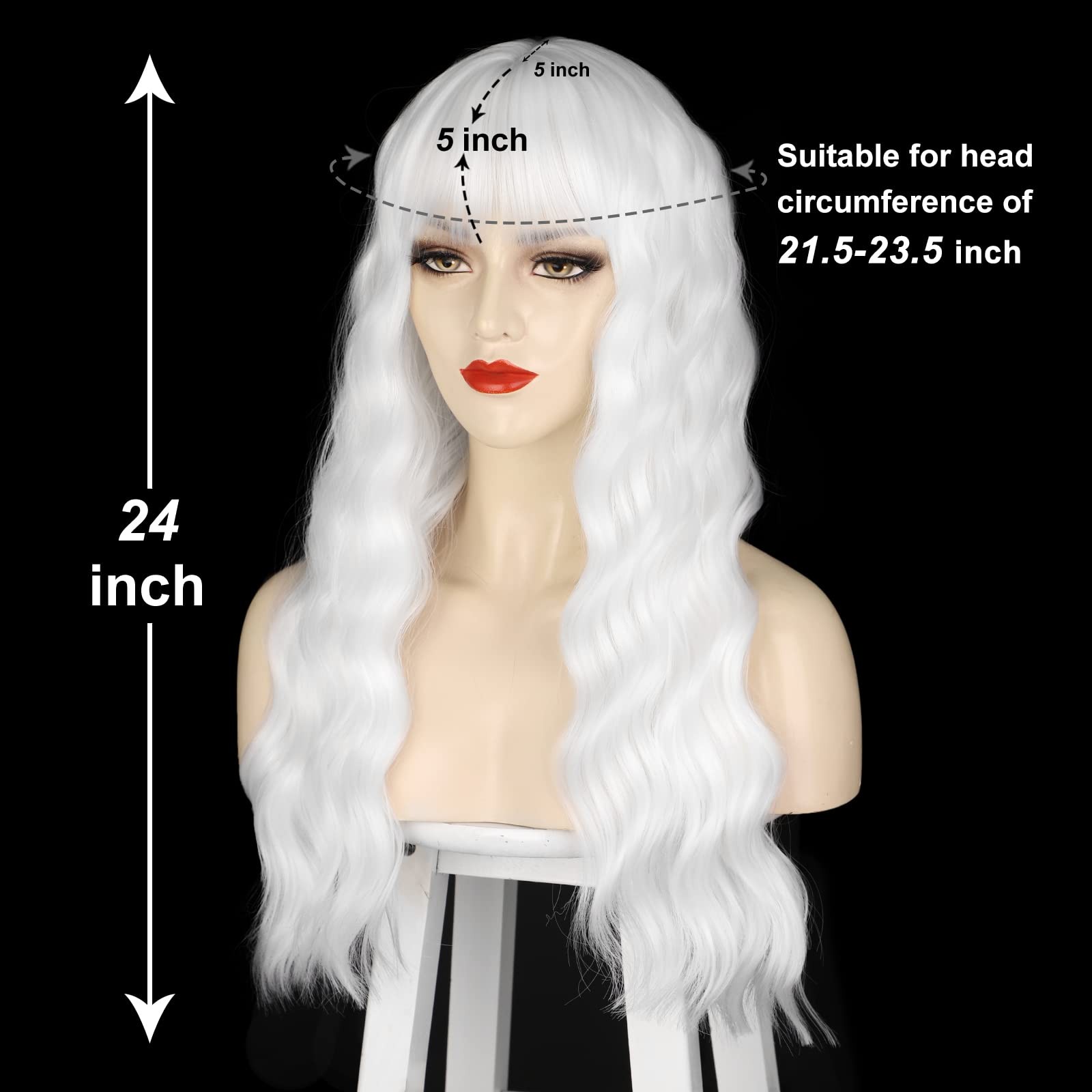White Wig with Bangs Synthetic Long Wavy Curly Wig for Women for Halloween Co…