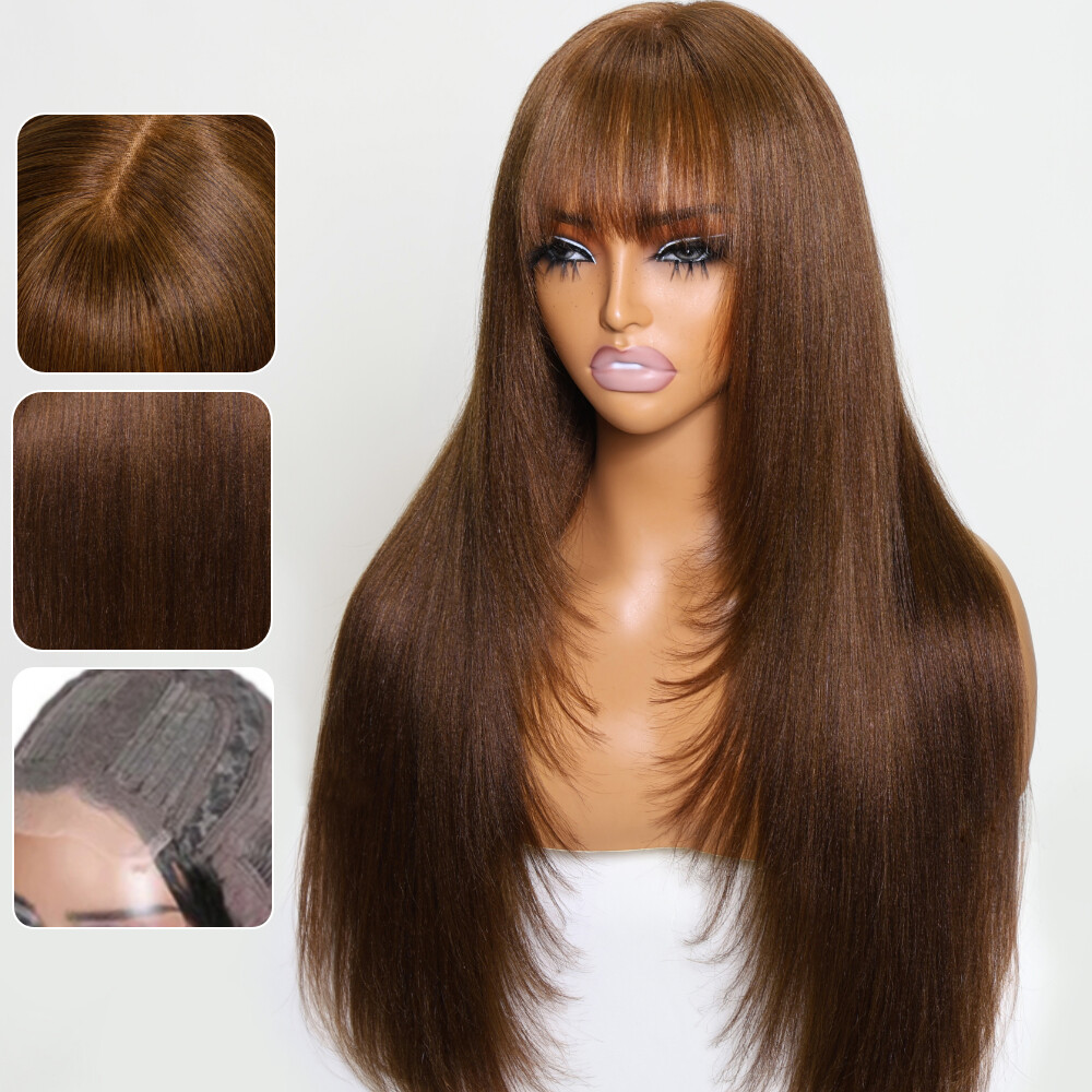 UNice Brazilian Brown Yaki Straight Human Hair Wig with Bang Lace Wigs Layer Cut
