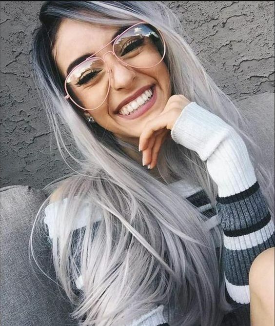 Long Straight Middle Part Wig Black Grey Blue Heat Resistant Synthetic Hair USA