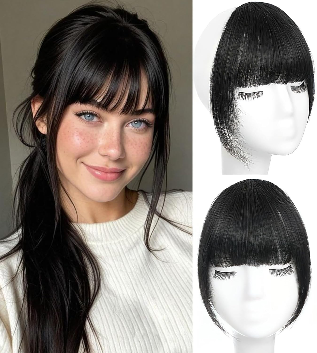 Straight Clip in Bangs Jet Black Color Human Hair Wispy Bang Extensions 6 inch