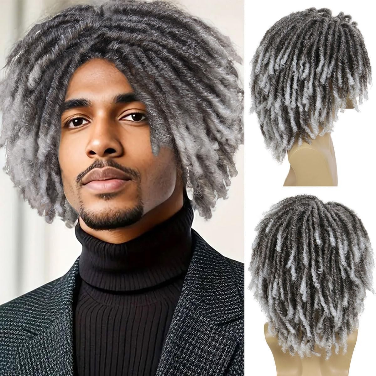 Fake Dreads Wigs with Bangs Ombre Grey Color Rocker Rasta Hair Dreadlocks Med