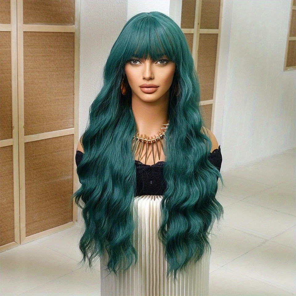 Emerald Green Long Wavy Wig w/Bangs Gothic Punk Cosplay Daily Fashion Statement