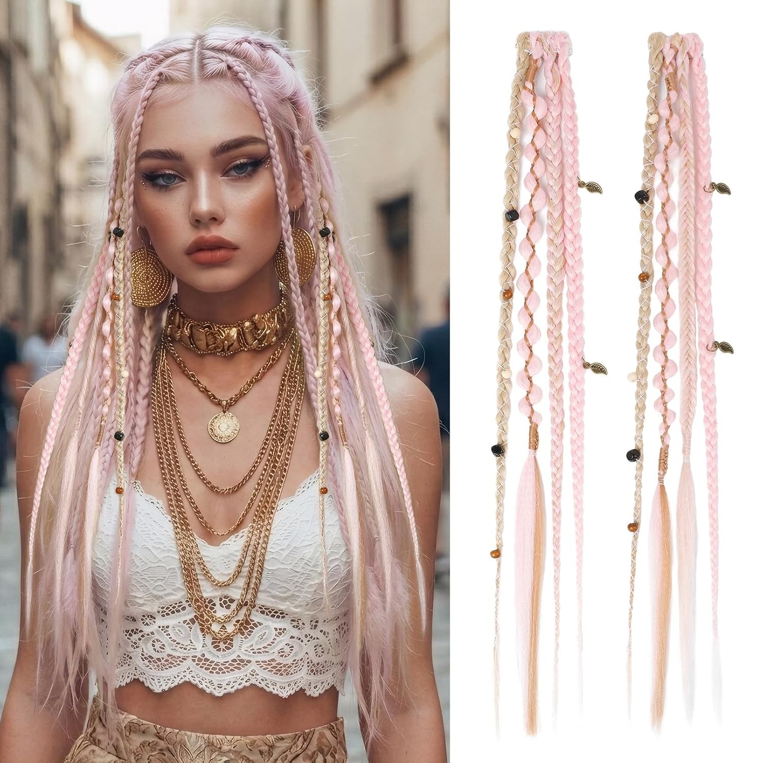 Clip in Braid Hair Extensions Women 20″ Boho Dreadlock Clip in Braids with Beads