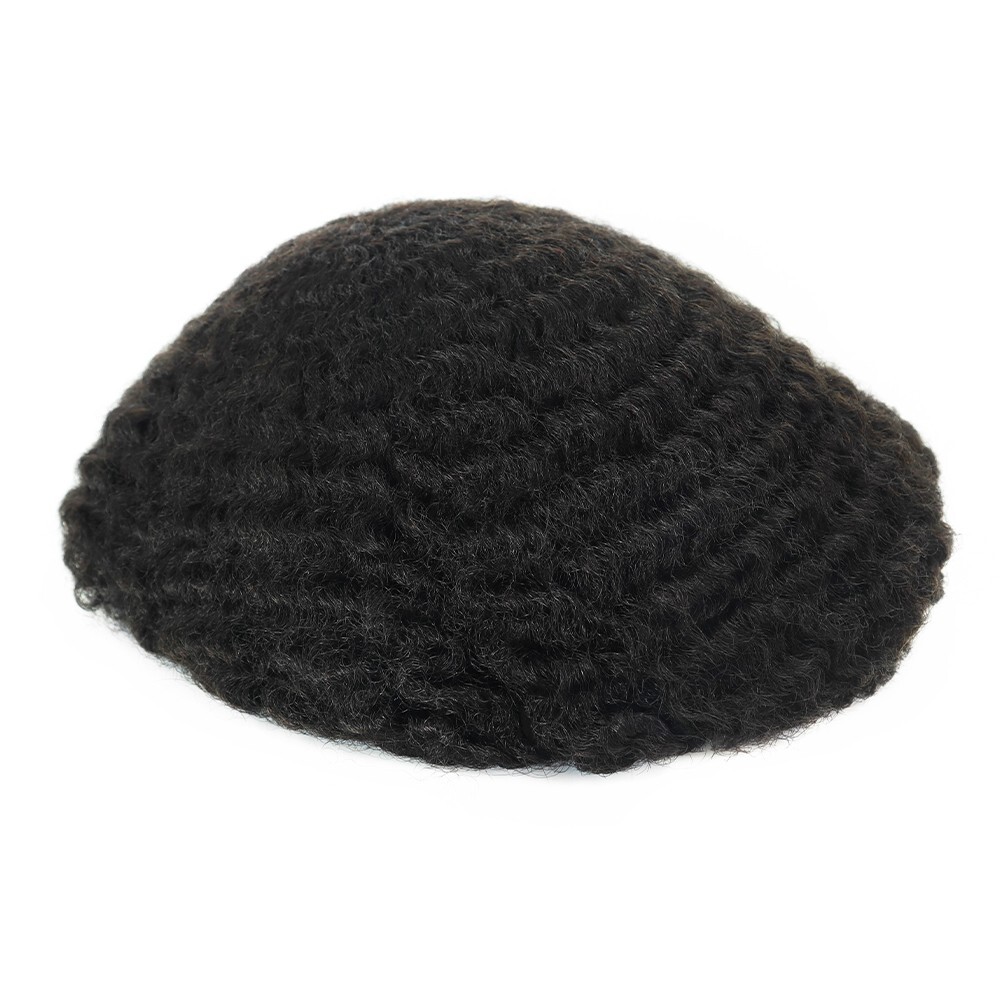 Mens Human Hair Replacement System Afro Curl Poly Skin Toupee Black Hair Pieces