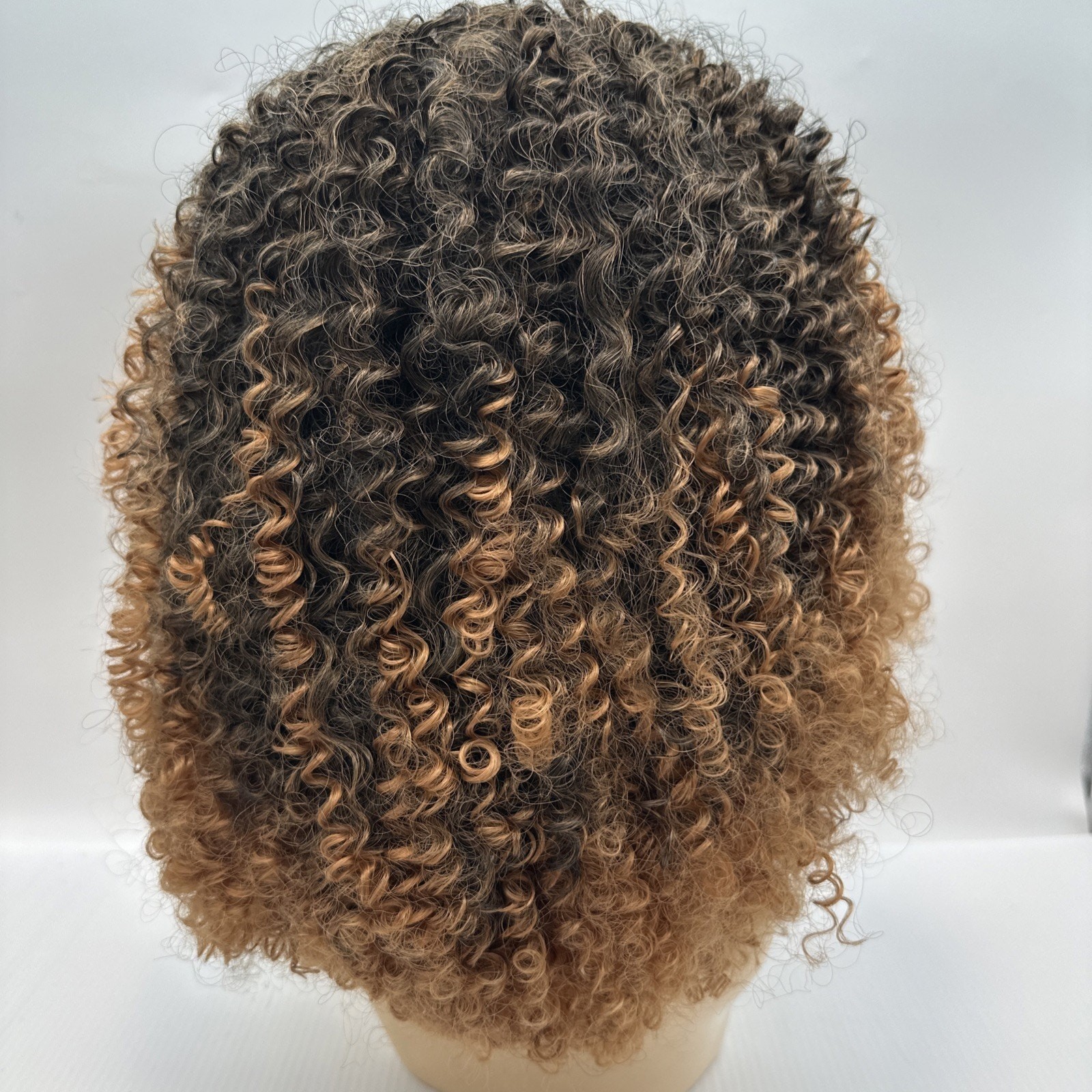 Ombre Brown 12 Inch Afro Kinky Curly Synthetic Wig with Bangs Wear and Go {19}
