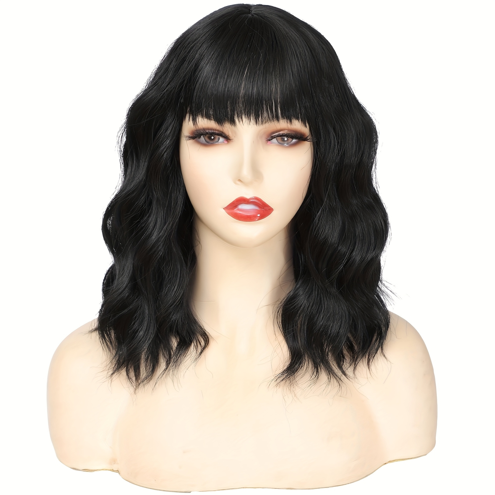 Elegant Unisex-Adult Black Wavy Bob Wig with Bangs Heat Resistant SyntheticFiber
