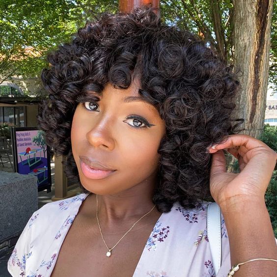 Human Hair Wigs With Bangs Full Machine Made Short Loose Curly Bob Wig For Women