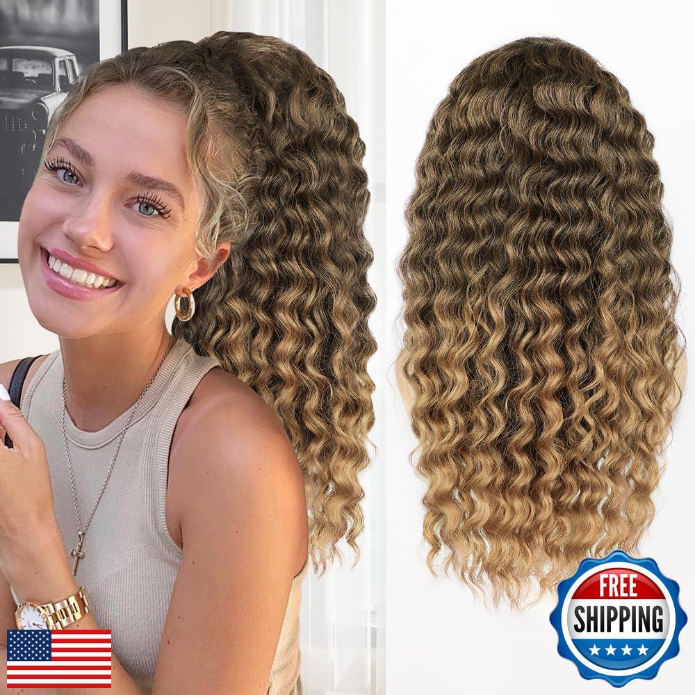 ALXNAN Wavy Curly Ponytail Extension, 18″ Ombre Brown to Blonde Drawstring Po