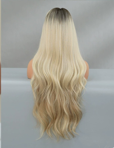 Extra Long Wavy Rooted Blonde Mix Lace Synthetic Hair Wig Women Soft Natural