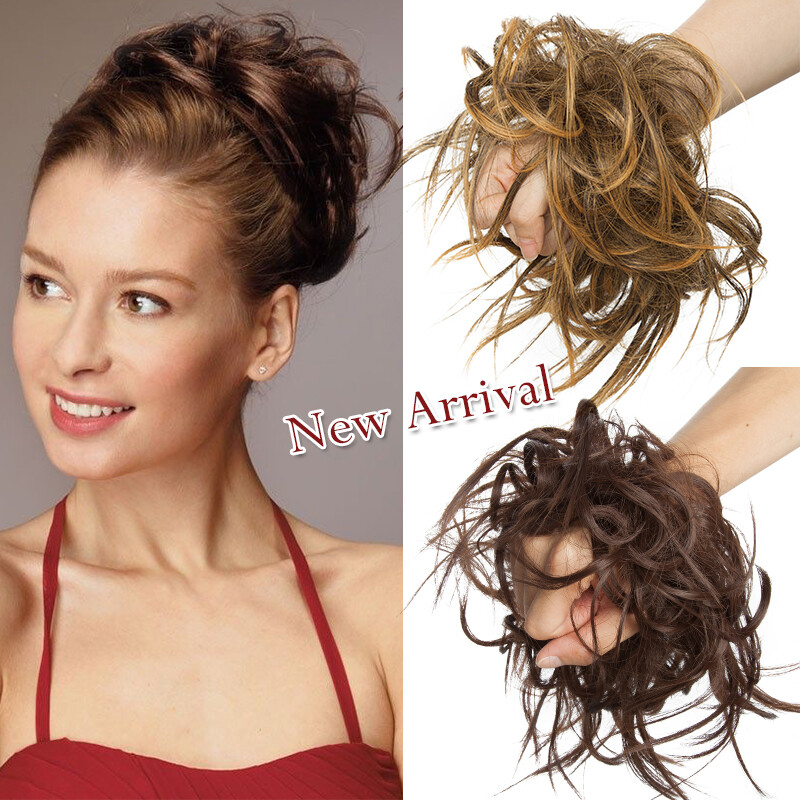 Tousled Updo Messy Ponytail Bun Elastic Band Wrap On Hair Piece Straight Wavy US