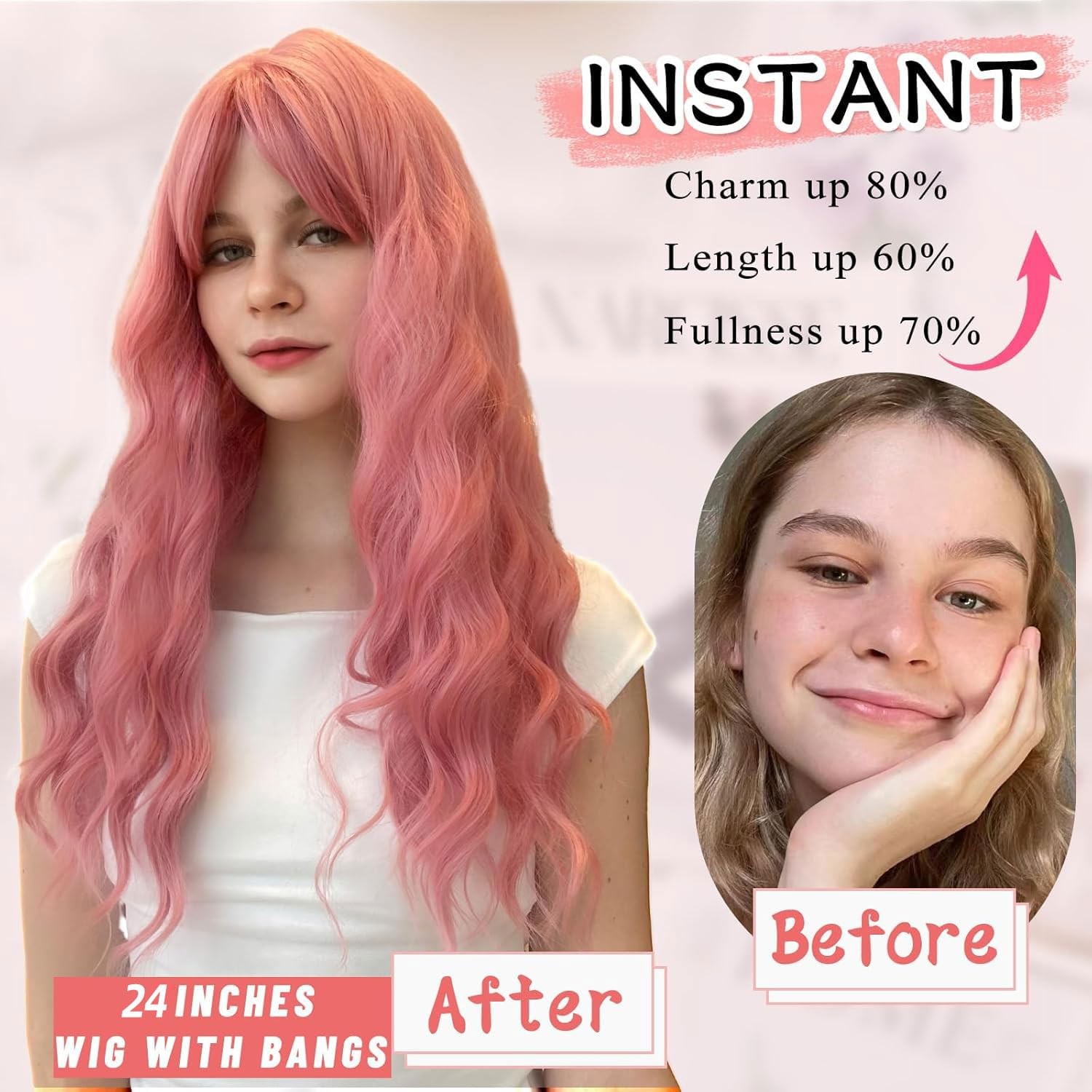 NAYOO Pink Wig with Bangs, 24″ Long Wavy Synthetic Curly Hair Replacement Women