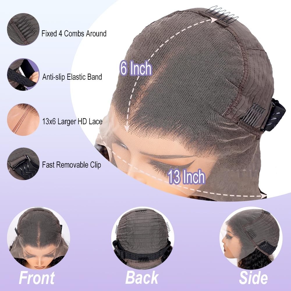 30″ Curly Lace Front Wig Human Hair – 13×6 Water Wave, Pre Plucked, 200 Density