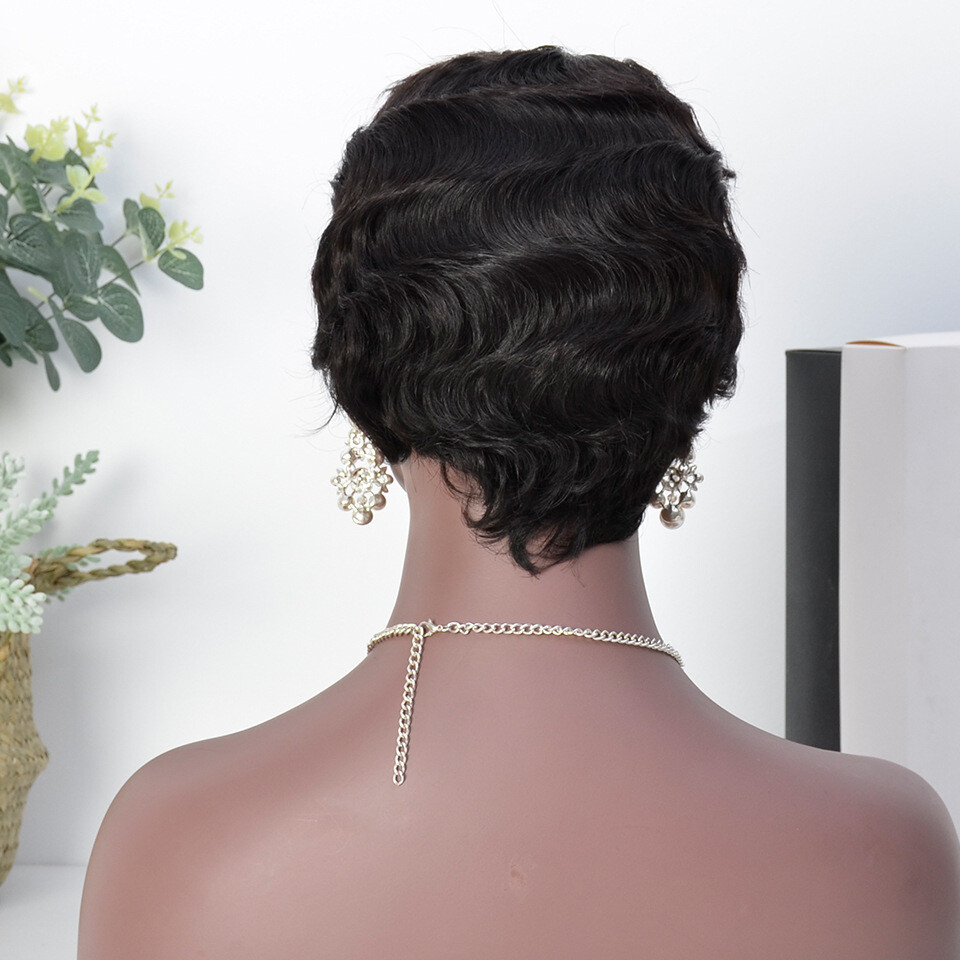 Black Finger Wave Pixie Cut Wig Human Hair Wigs Short Vintage Ombre None Lace