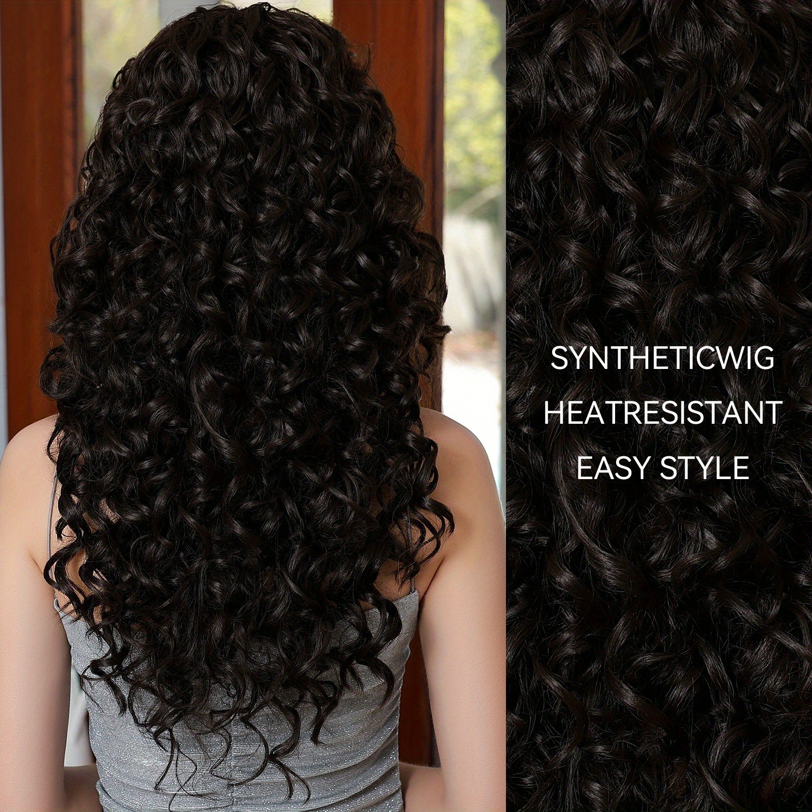 Black Brown Long Curly Wig w/Full Bangs Womens Synthetic Hair Wig Cosplay/Party