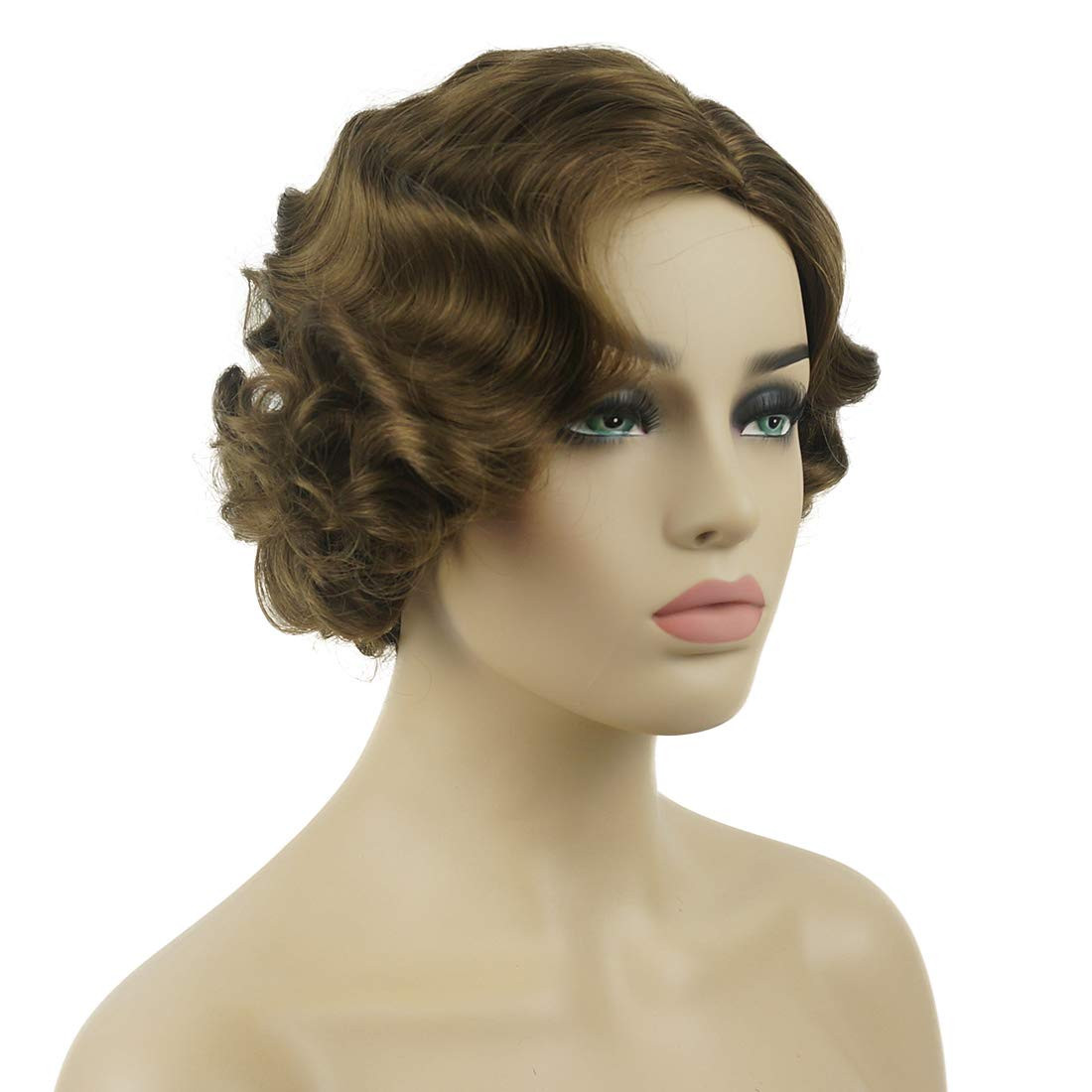 Vintage Cosplay Party Wig Short Finger Wavy Flapper Hairpiece +Free Wig Cap (Lig
