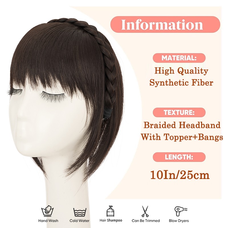 Headband Wig with Front Bangs + Topper Hair Headband Braid Wig for Women Girls