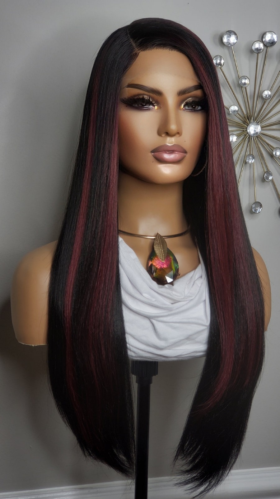 New Long Straight Style Burgundy Red Black Highlights Lace Front Wig Womens Hair