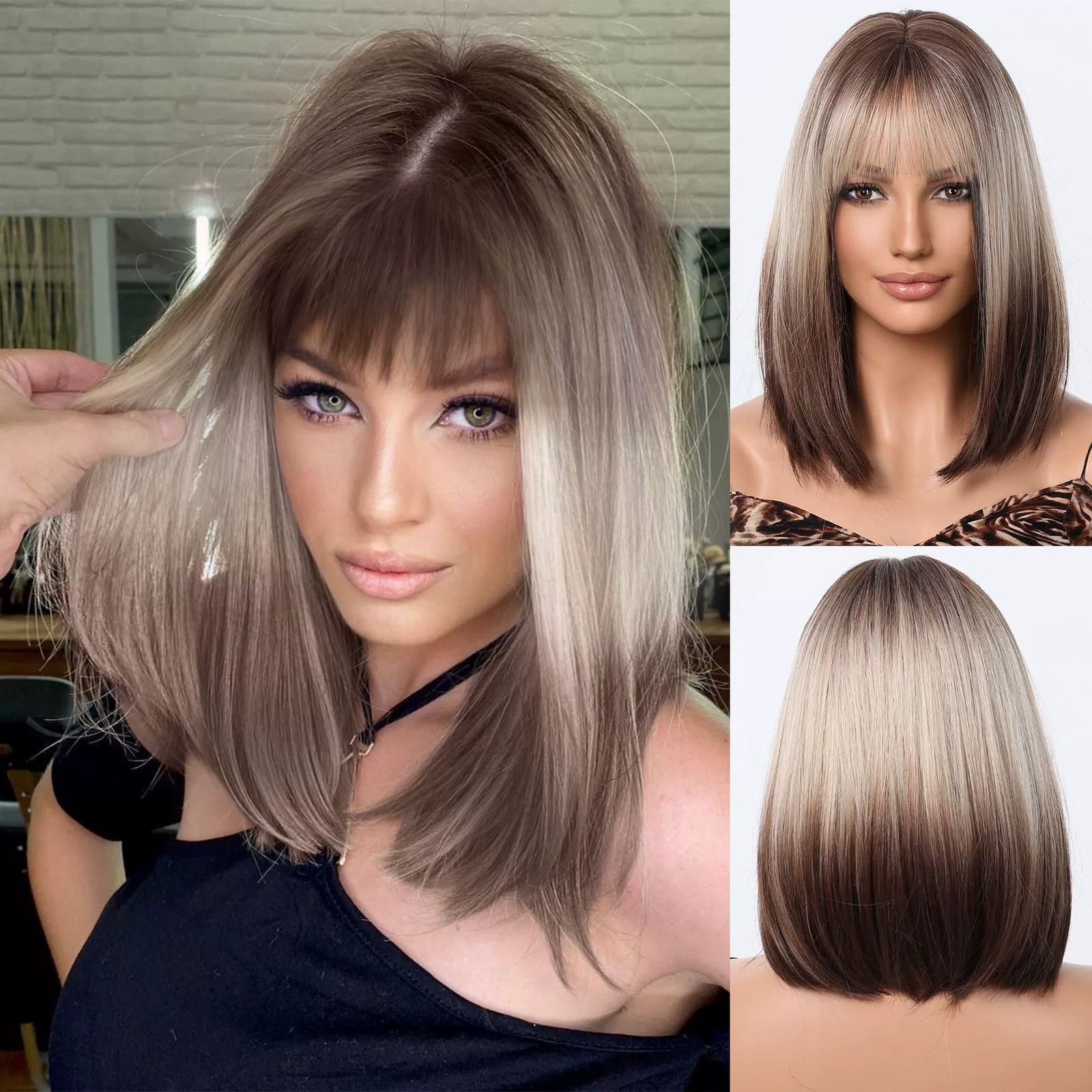 Brown Blonde Ombre Bob Wigs for Women Cosplay Wig with Bangs Dark Roots Gray
