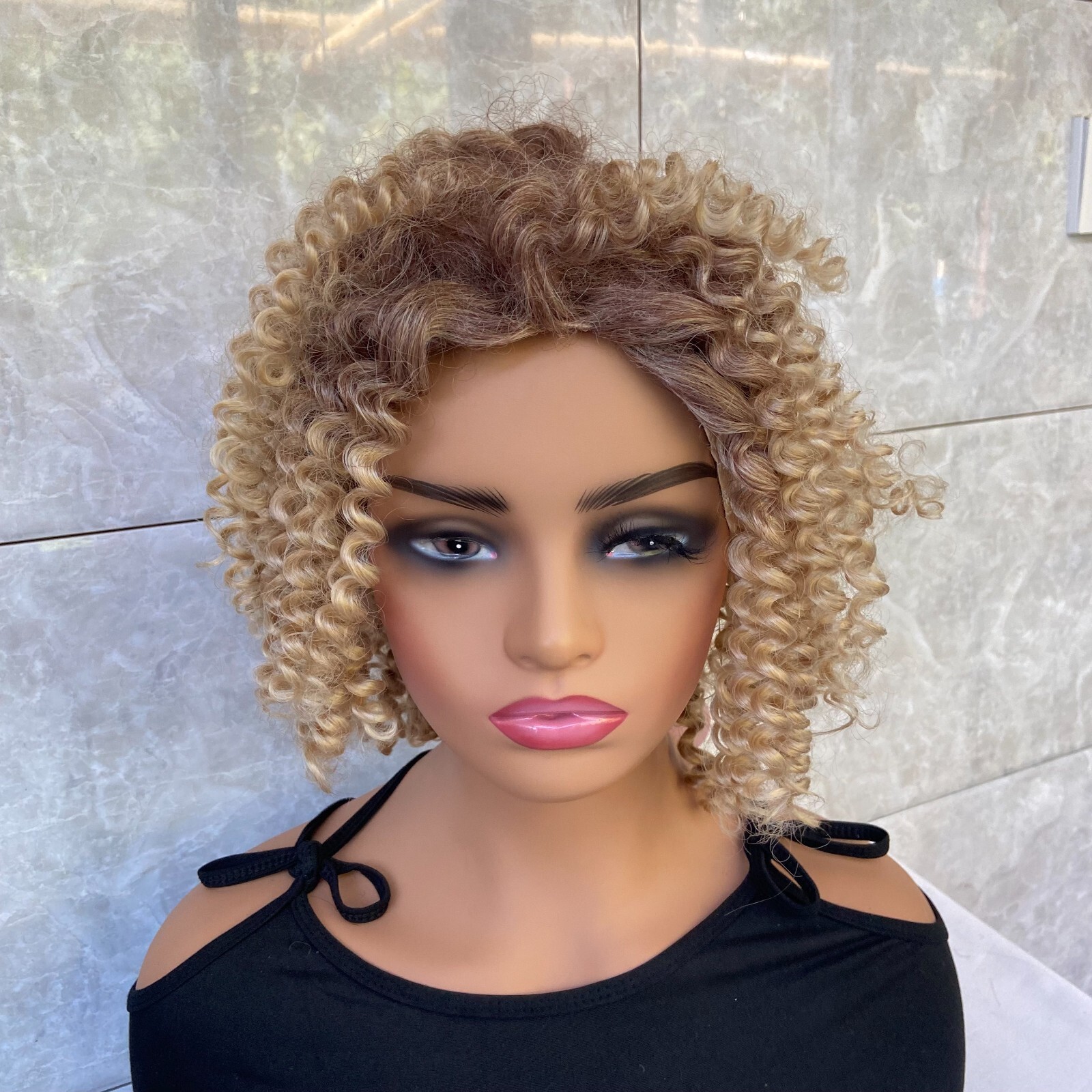 Short Kinky Curly Rooted Blonde Mix Human Hair Blend Heat Ok Wigs Women Soft
