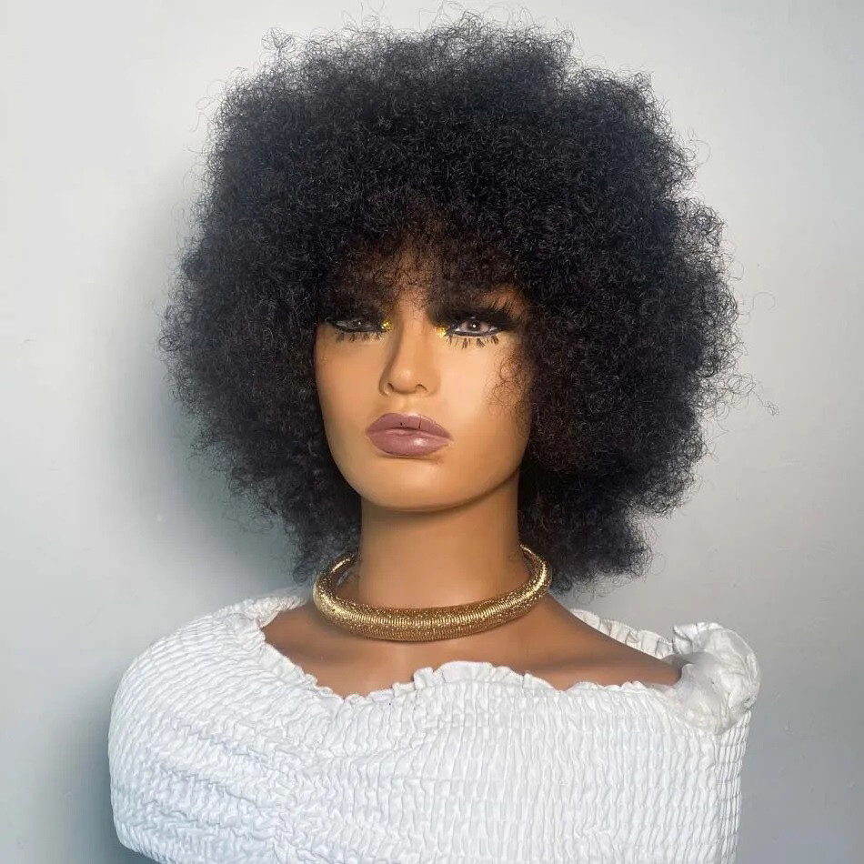Afro Kinky Curl Human Hair Wig With Bangs Wear And Go 12 inch Full Machine Made
