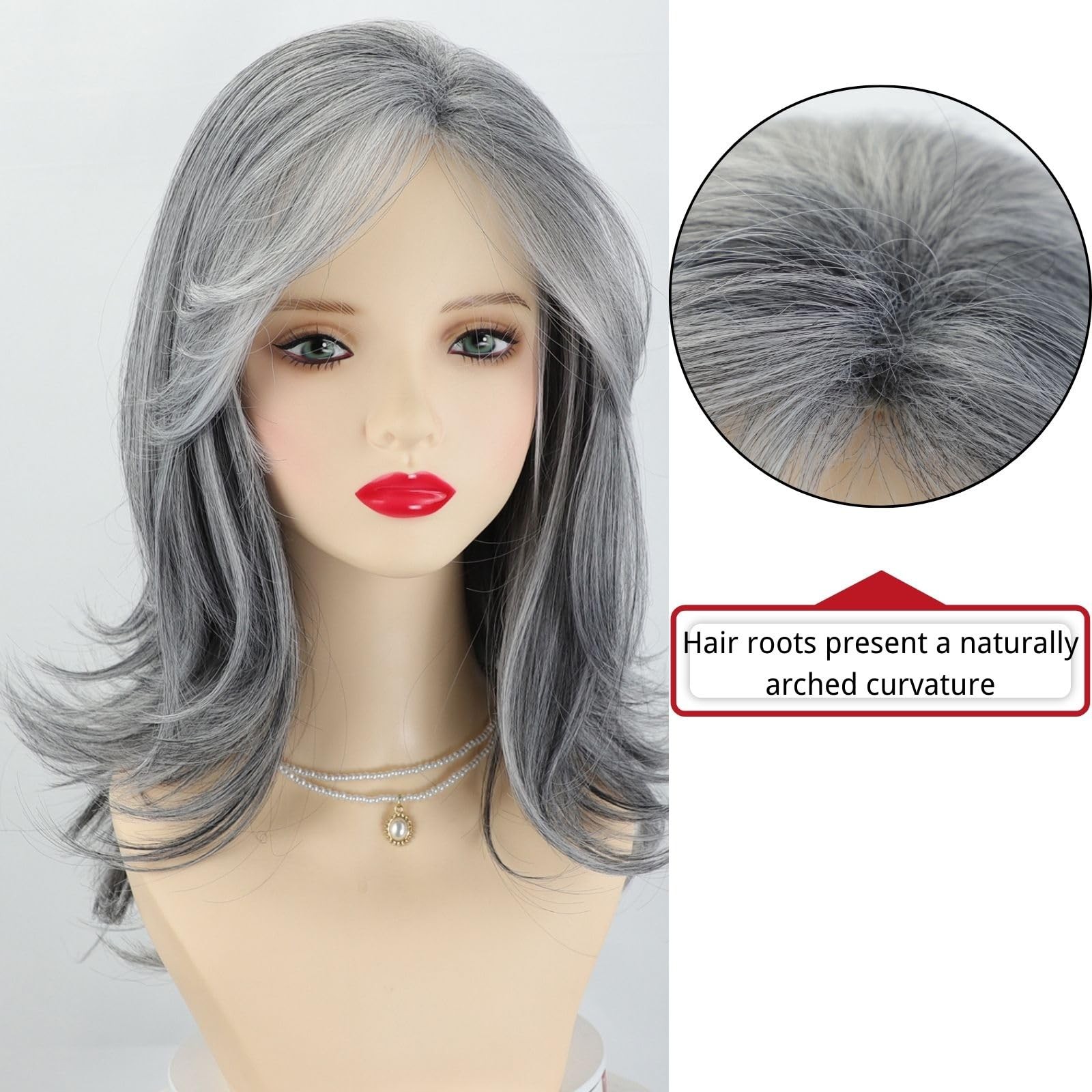 Fencca 20 Inch Silver Grey Salt Pepper Wig Curtain Bangs Long Layered Wave