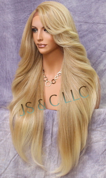 Extra LongHuman Hair blend Heat OK Lace Front Wig Blonde mix WBPC 27/613