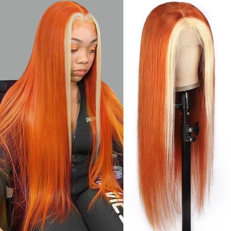 Skunk Stripe Wig Long Straight Orange Hair Synthetic Lace Front Wigs Women Party