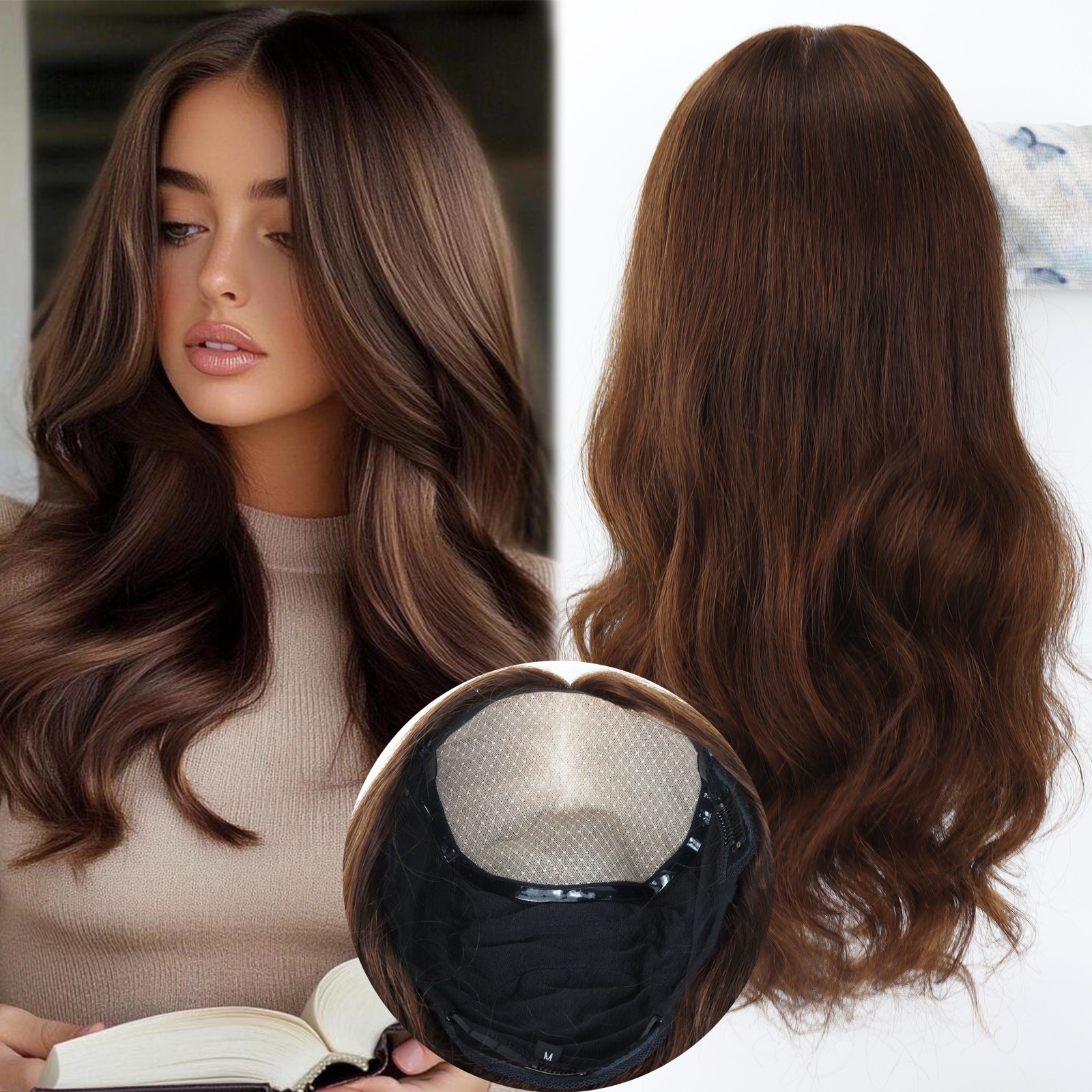 Silk Top Real Human Hair With PU Around Elastic Net Wavy Medical Wig For Woman