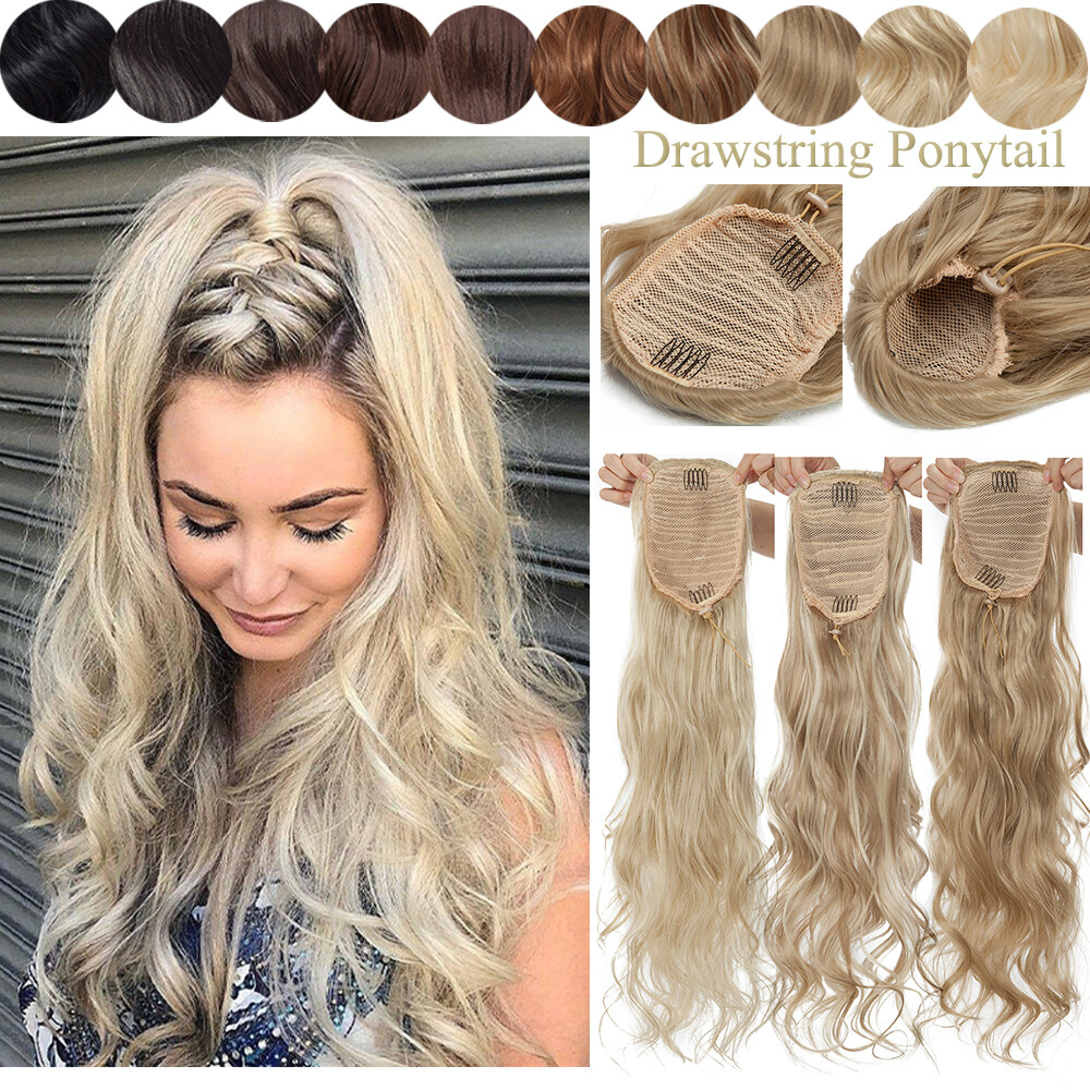 24″ Ponytail Drawstring Clip In Hair Extensions As Human Hair Curly Long Woman