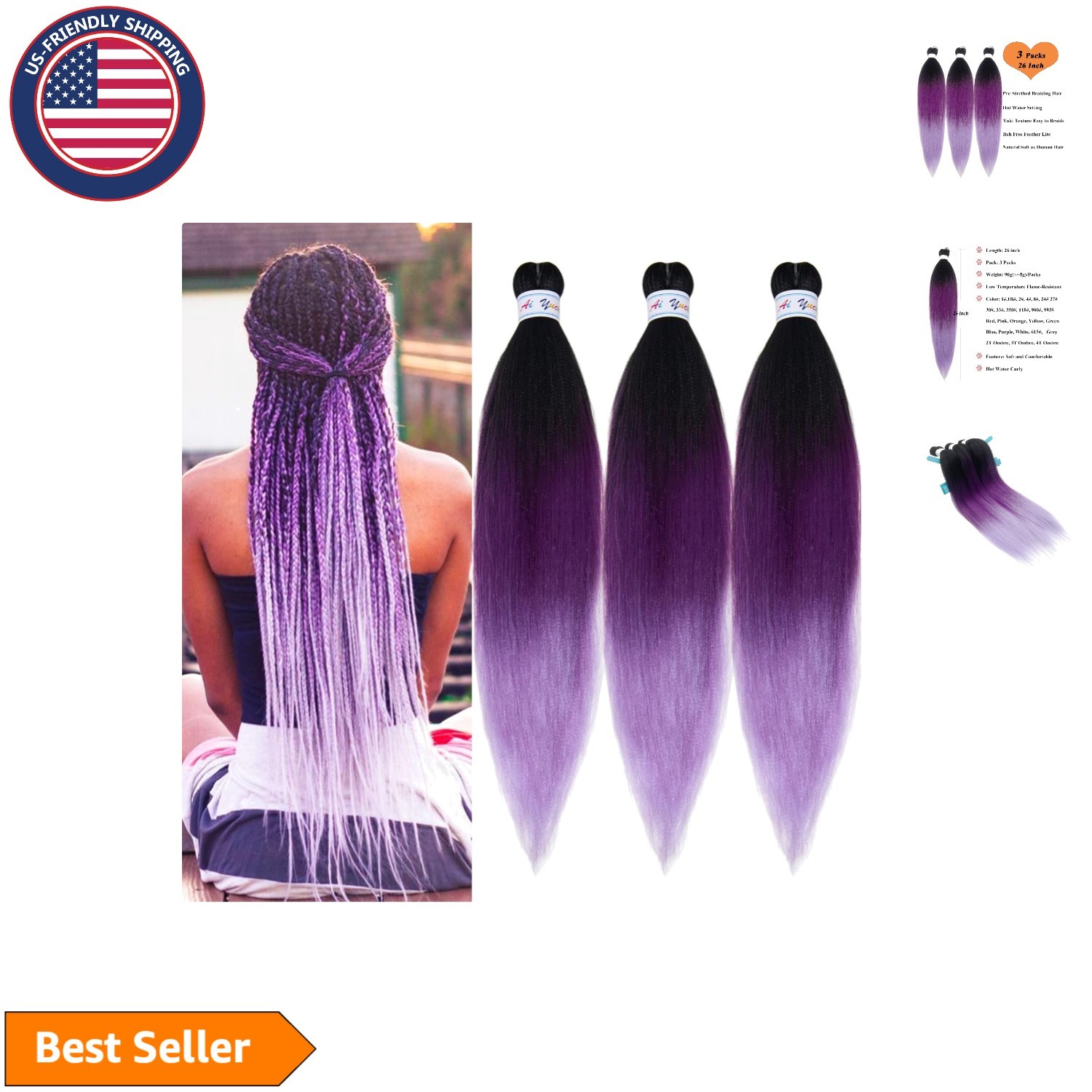 26 Inch Ombre Synthetic Braiding Hair – Hypoallergenic, Pre-Stretched – 3 Packs