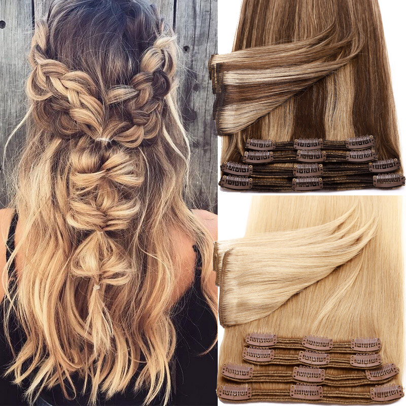200G Extra Thick Double Weft Clip In Human Hair Extensions Full Head Ombre Brown
