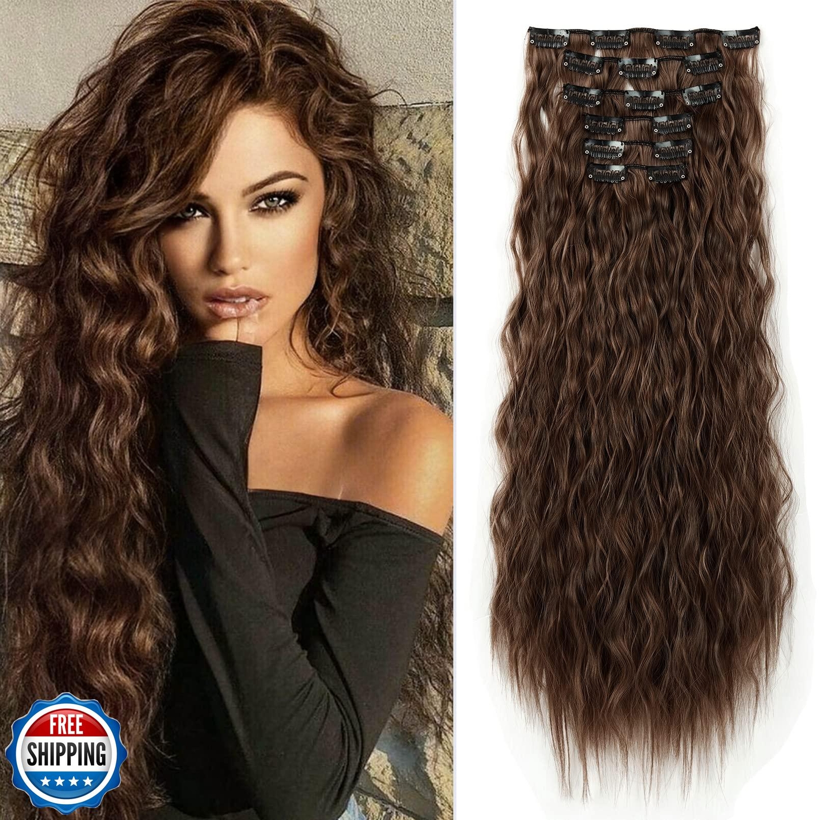 LONAI Clip In Hair Extensions, 6PCS Curly 24″ Long Synthetic Clip On Hairpiec