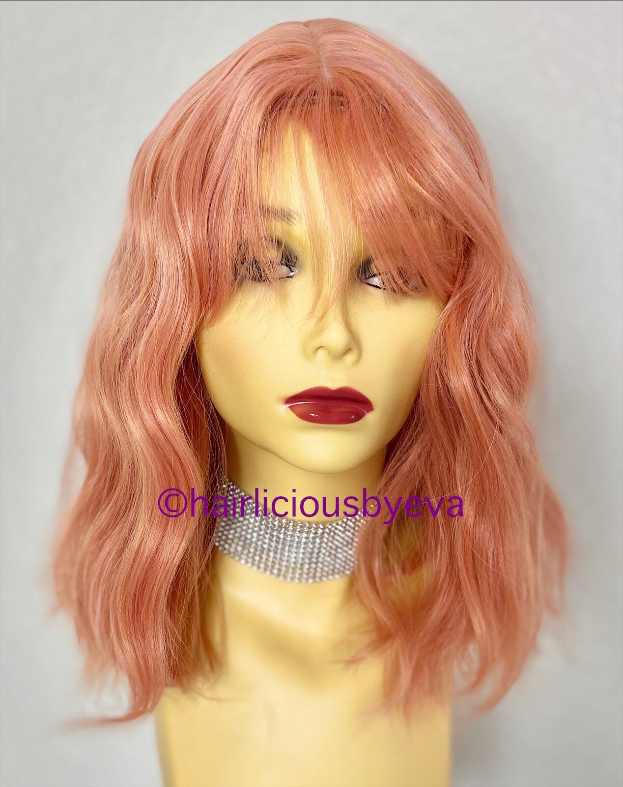 Pastel Rose Gold Pink Wig With Bangs Wavy 12 Inch Long Heat Resistance Ok