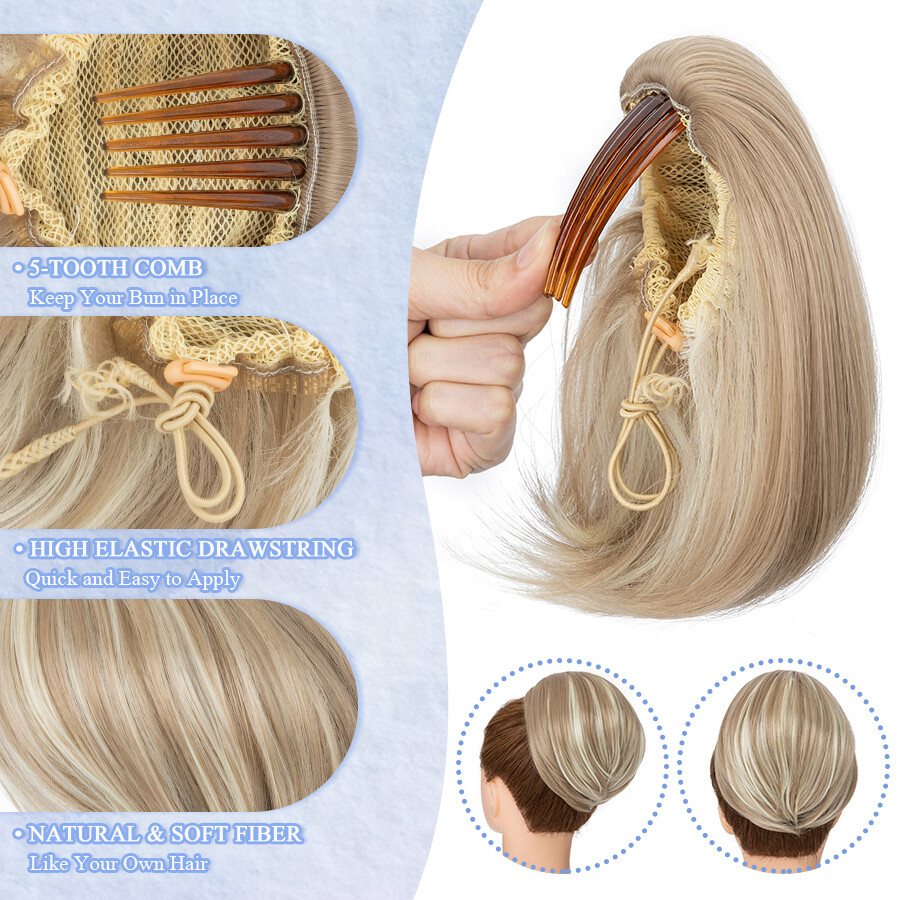 Elegant Drawstring Ponytail Comb Clip In Hair Bun Hepburn Chignon Extension Updo