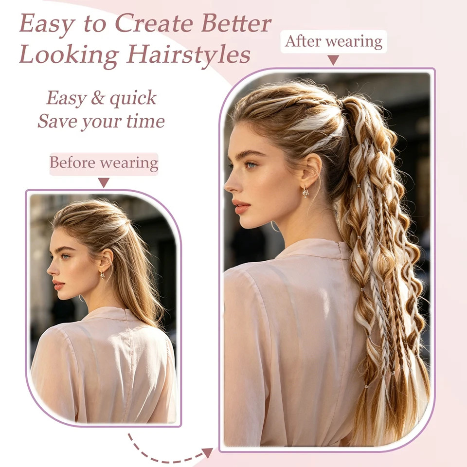 Lightweight Synthetic 24Inch Long Braided Bubble Ponytail Wig For Women Party