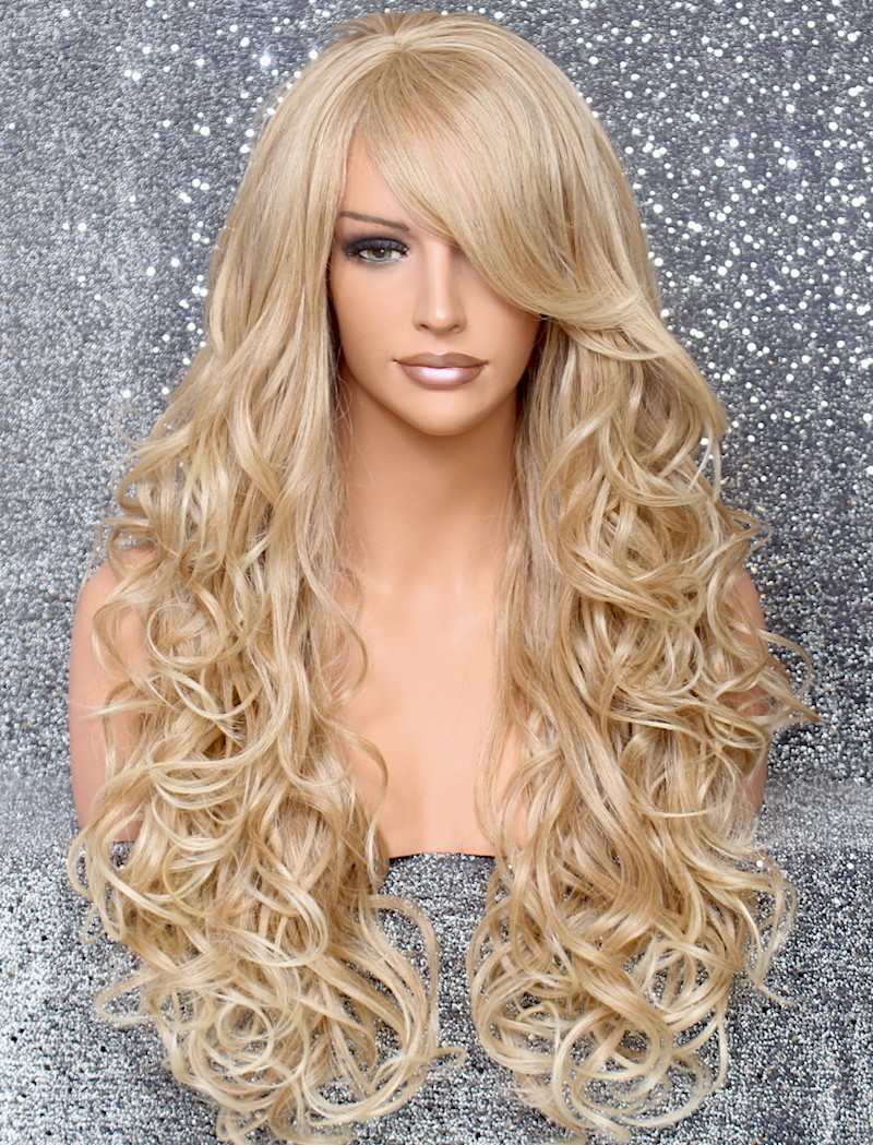 Long Human hair blend Full Wig Heat OK Curly Blonde Mix 27-613 NWT WBT