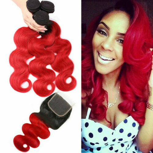 12A BRAZILIAN HUMAN HAIR WEFT 3/4BUNDLES+LACE TOP CLOSURE 1B/RED DARK ROOT OMBRE