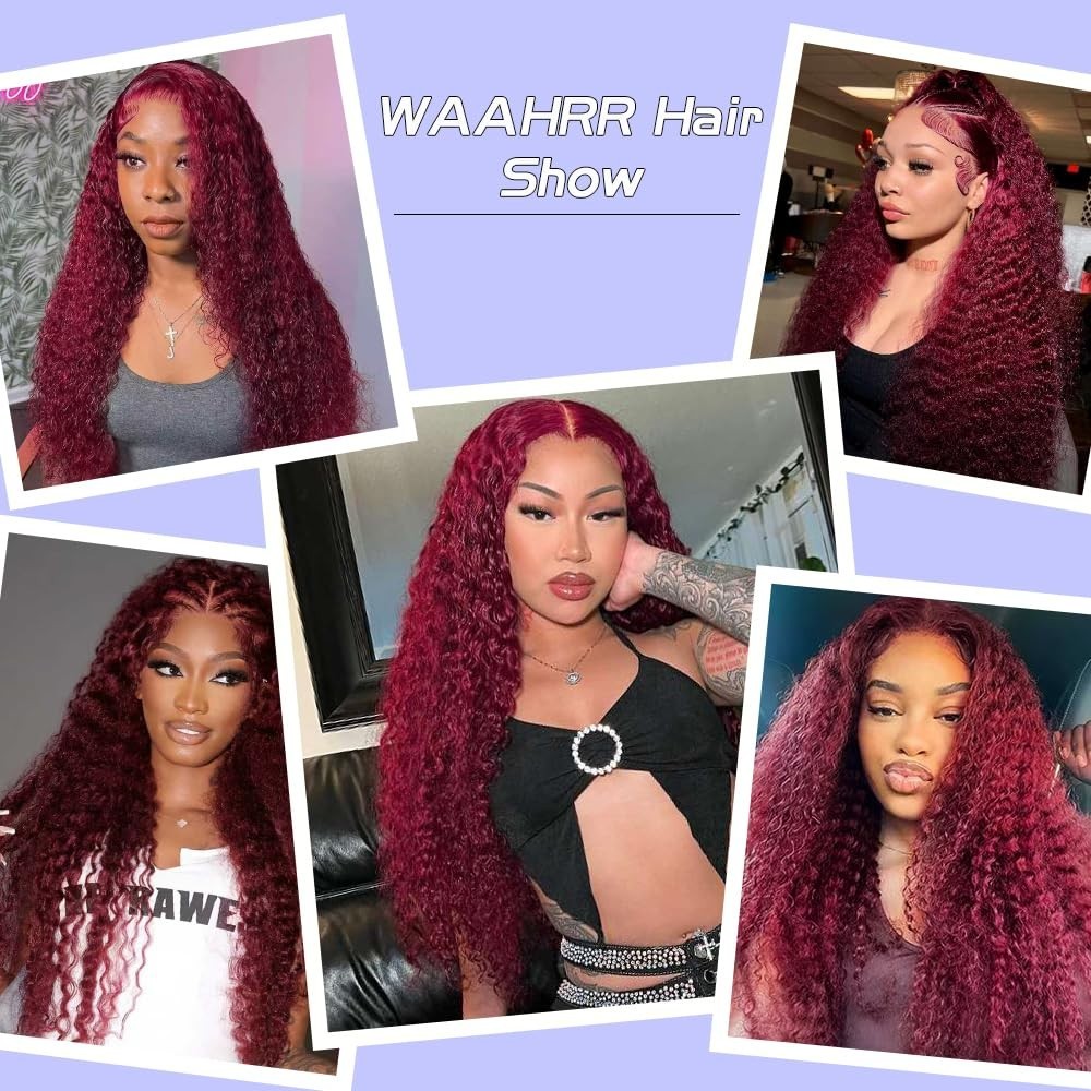 30″ 99J Burgundy Deep Wave Lace Front Wig – 200 Density, Pre-Plucked, Curly Hair