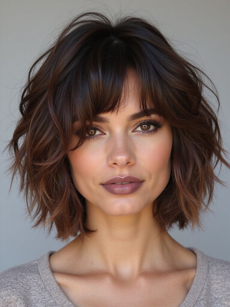 Ombre Auburn Brown Bob Wig with Bangs 100% Human Hair Wave Lace Front Wigs 8″
