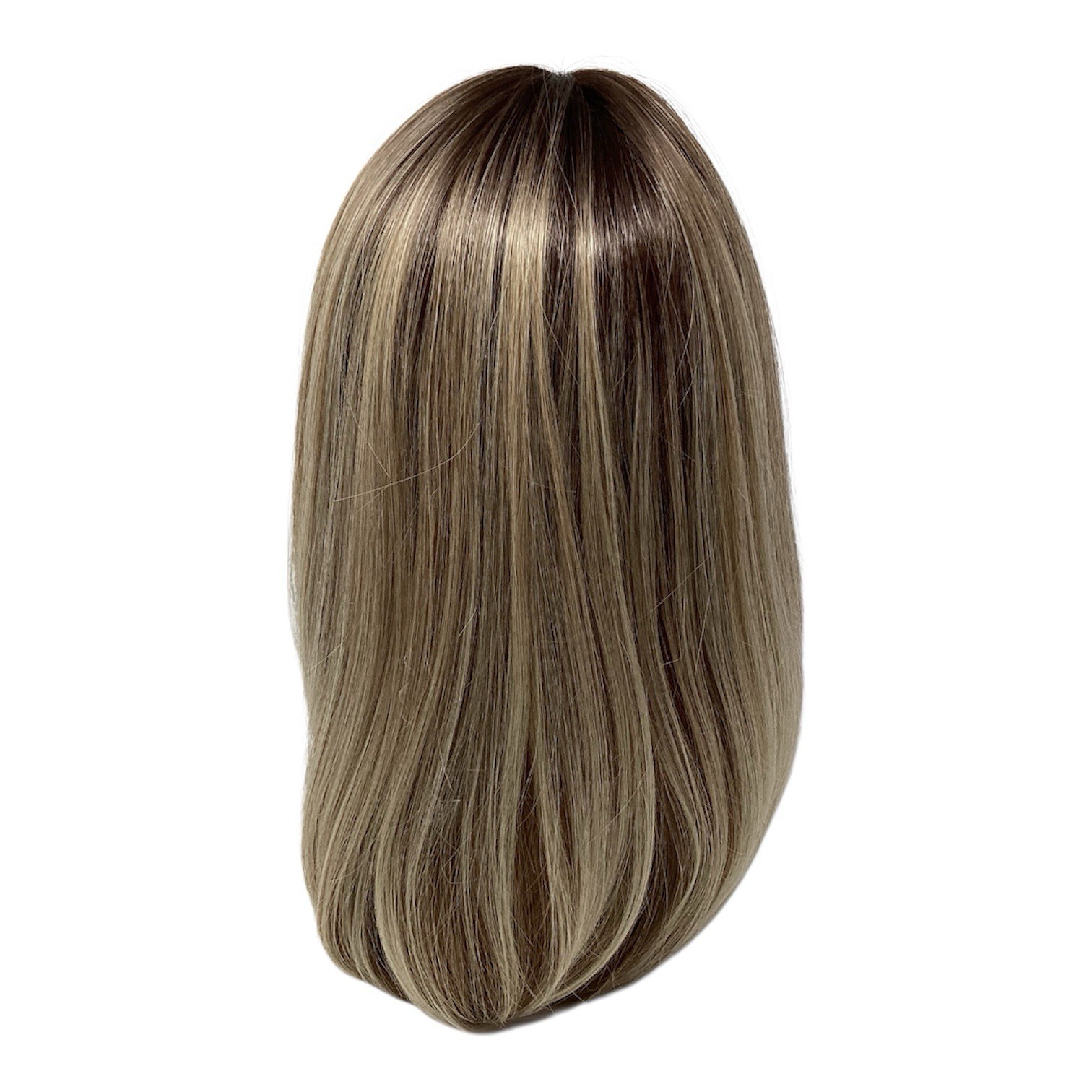Ash Blond Wig 16” With Bangs Ombré Gradient Dark Roots Rooted Middle Part