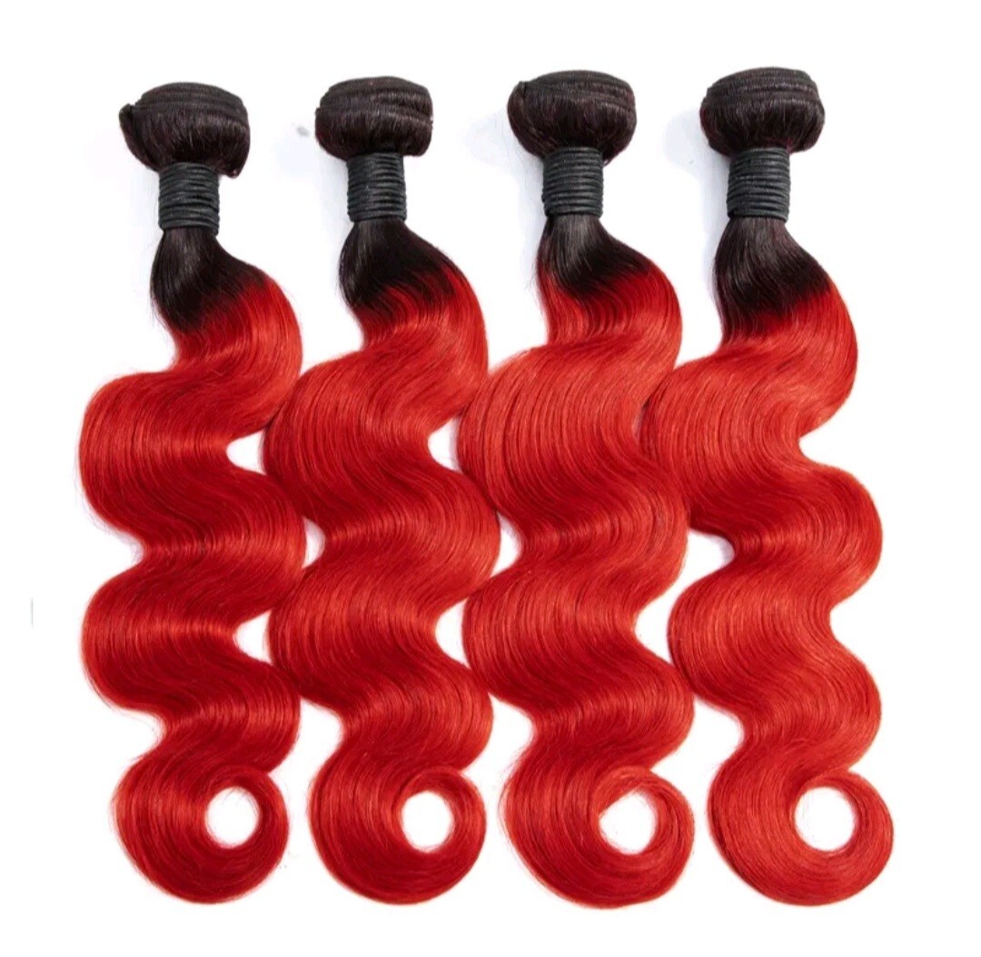 12A BRAZILIAN HUMAN HAIR WEFT 3/4BUNDLES+LACE TOP CLOSURE 1B/RED DARK ROOT OMBRE