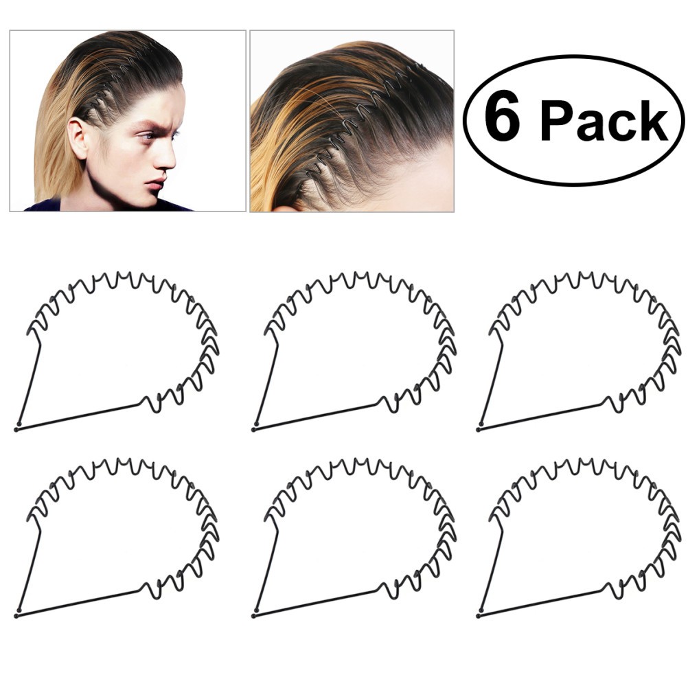 6Pcs Durable Black Hair Loop Bands Men Sports Headbands Wavy Design