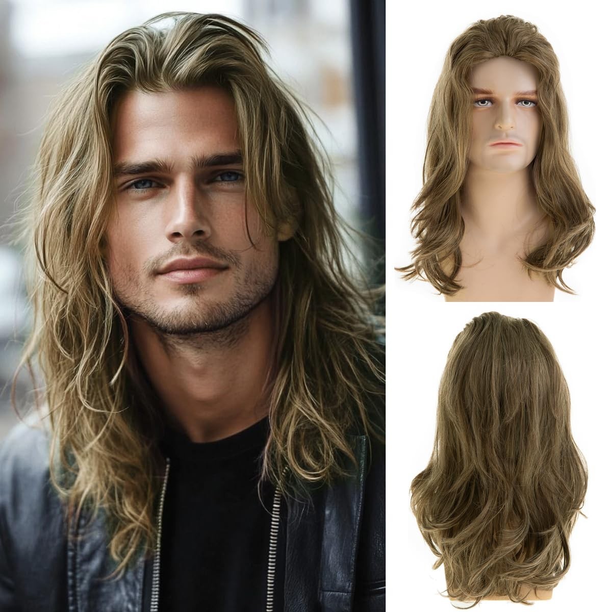 Long Wavy Brown Synthetic Wig for Men – Layered Cosplay & Party Hair